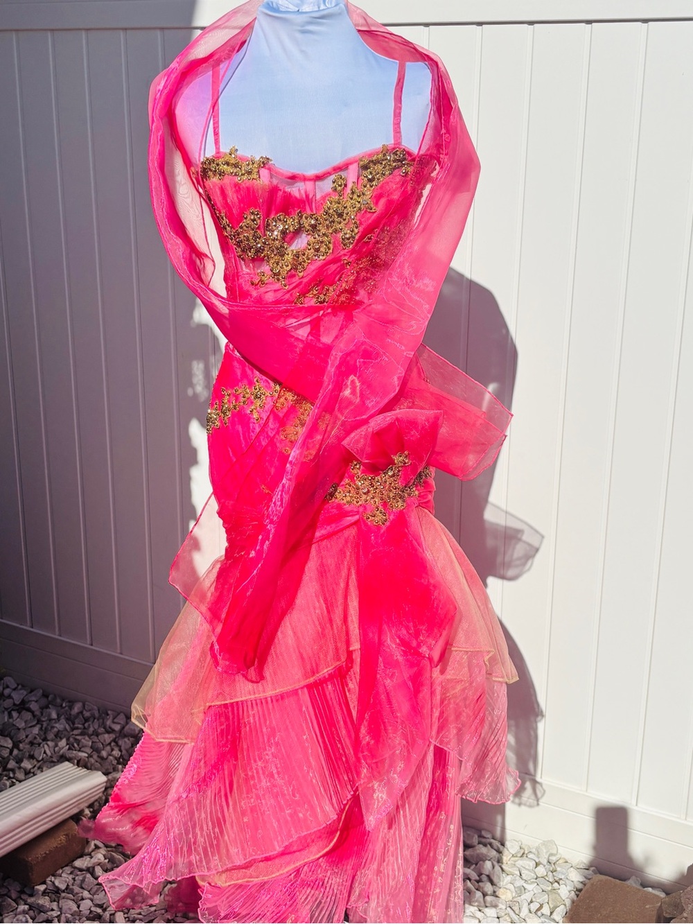 Sherry Hill Y2K Pink Corset Mermaid Prom Dress Gold Beaded Size 4 - Picture 7 of 9